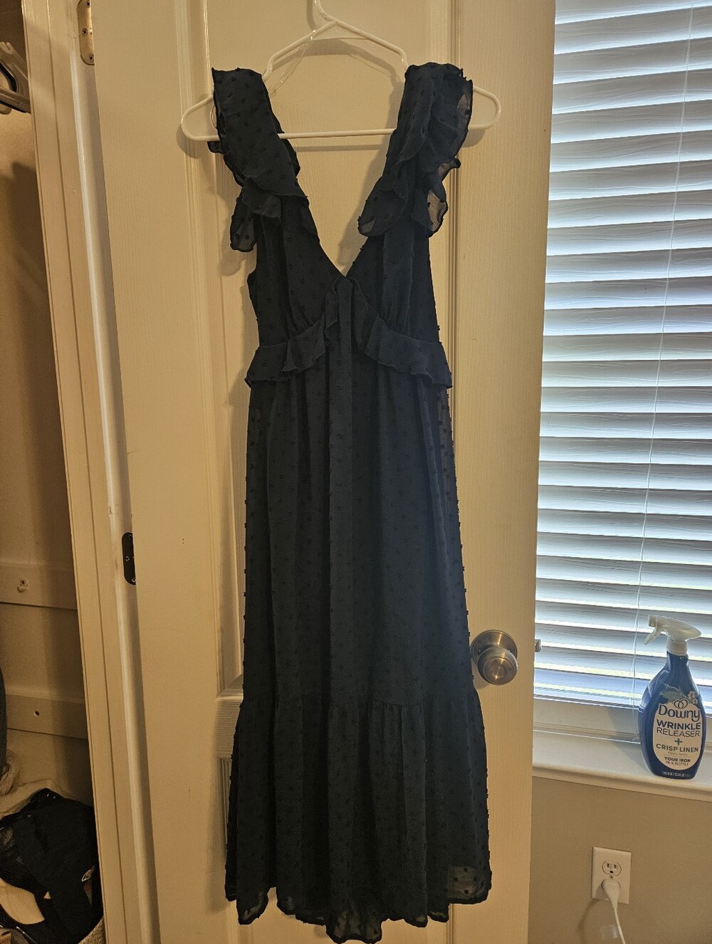 Trixxi Navy Swiss Dot Midi Dress Large NWT Ruffle Sleeves Open Back